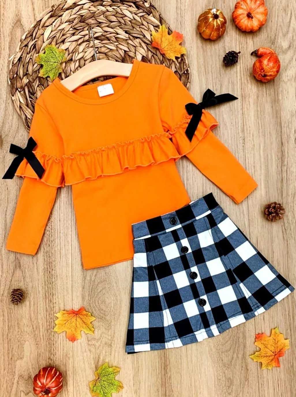 Stylish Pumpkin Plaid Skirt Ensemble