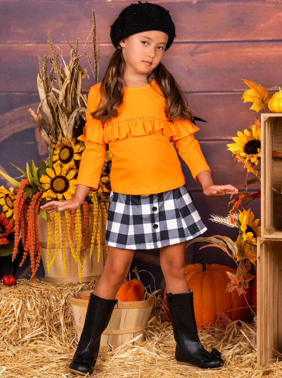 Stylish Pumpkin Plaid Skirt Ensemble