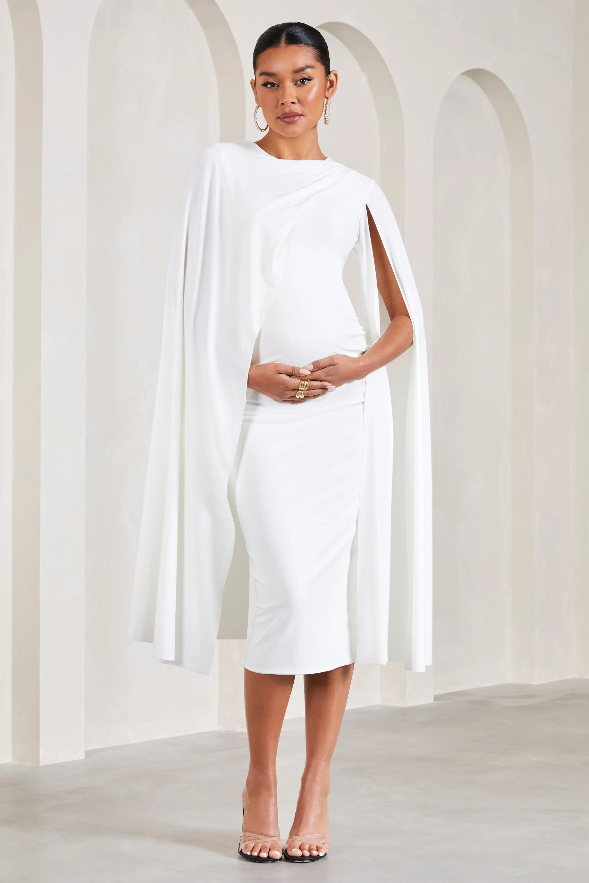 Stylish White Maternity Dress with Cape Sleeves