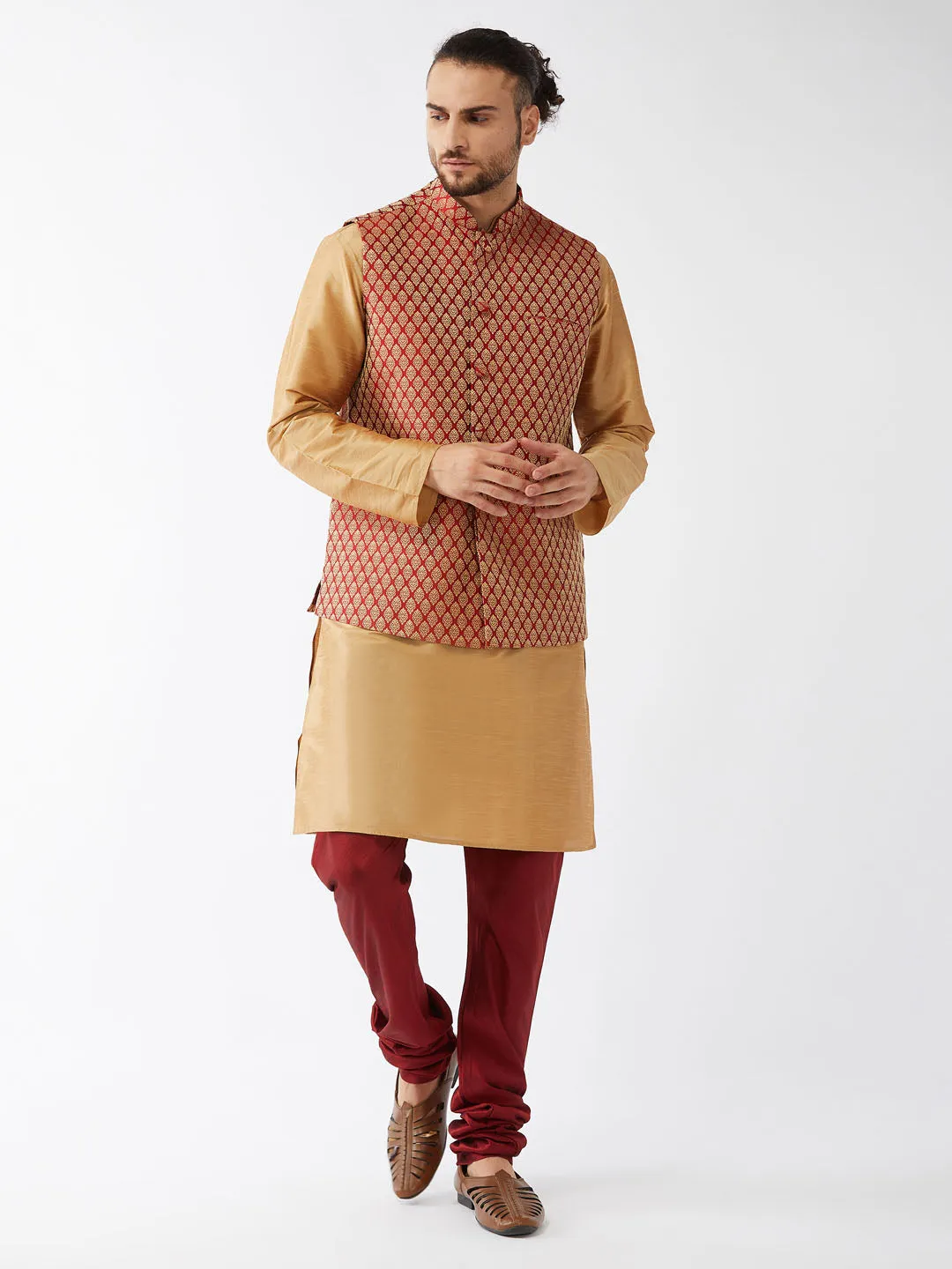 VASTRAMAY Men's Maroon Silk Blend Ethnic Jacket, Rose Gold Kurta and Maroon Pyjama Set