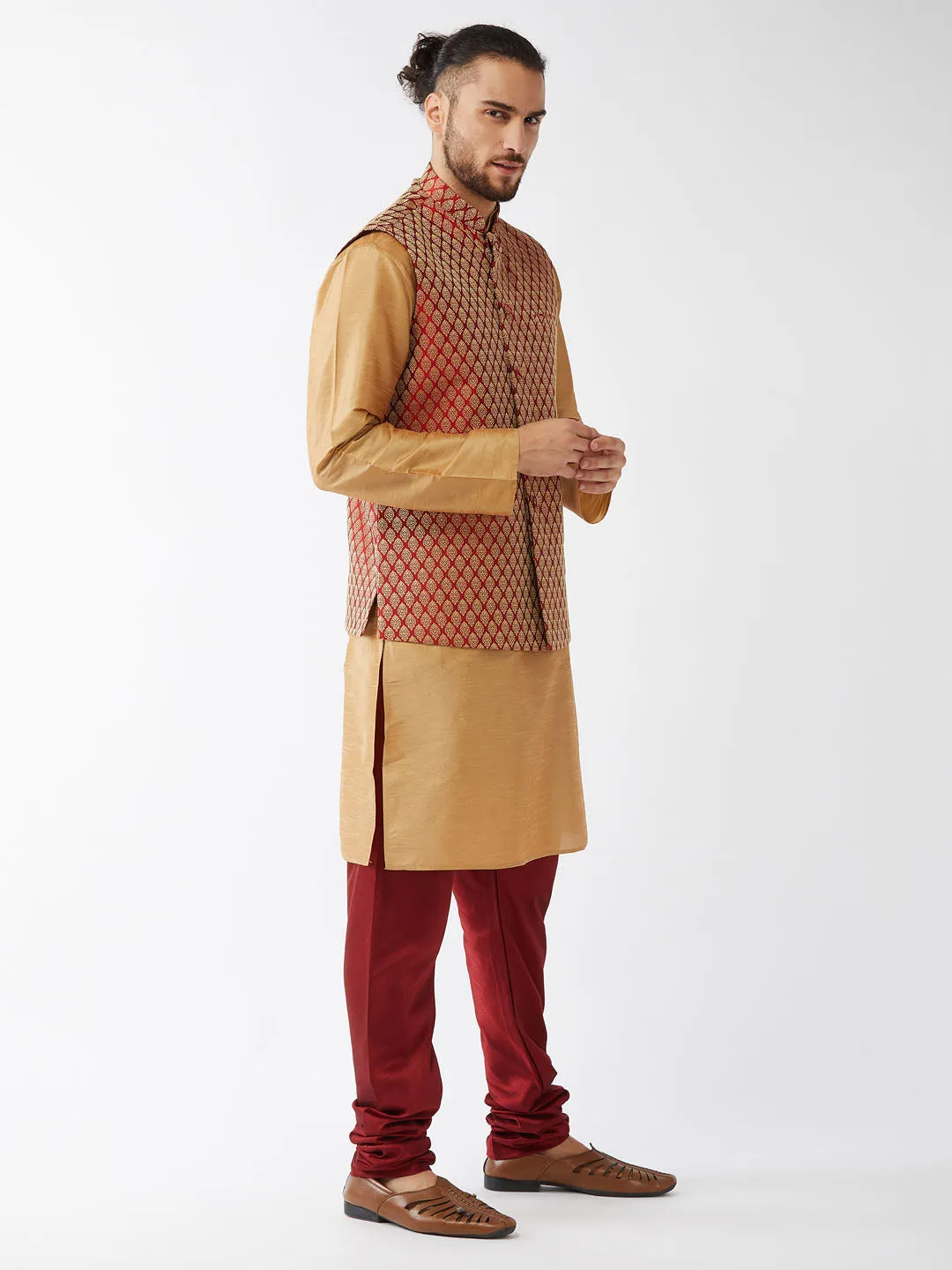 VASTRAMAY Men's Maroon Silk Blend Ethnic Jacket, Rose Gold Kurta and Maroon Pyjama Set