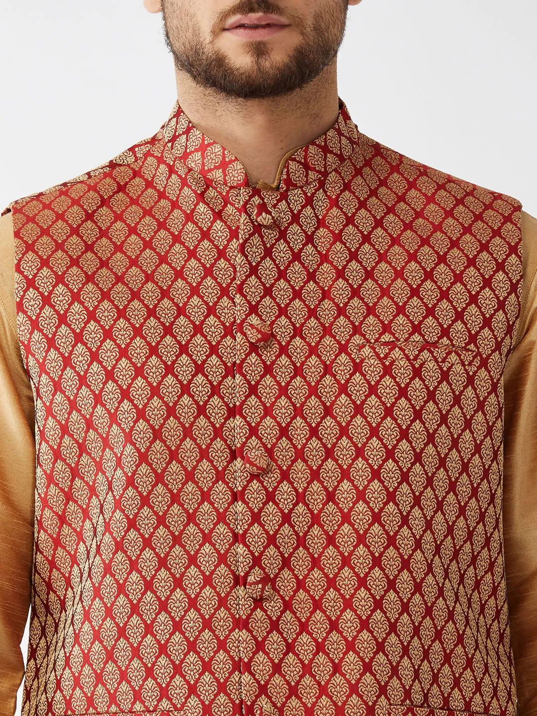 VASTRAMAY Men's Maroon Silk Blend Ethnic Jacket, Rose Gold Kurta and Maroon Pyjama Set