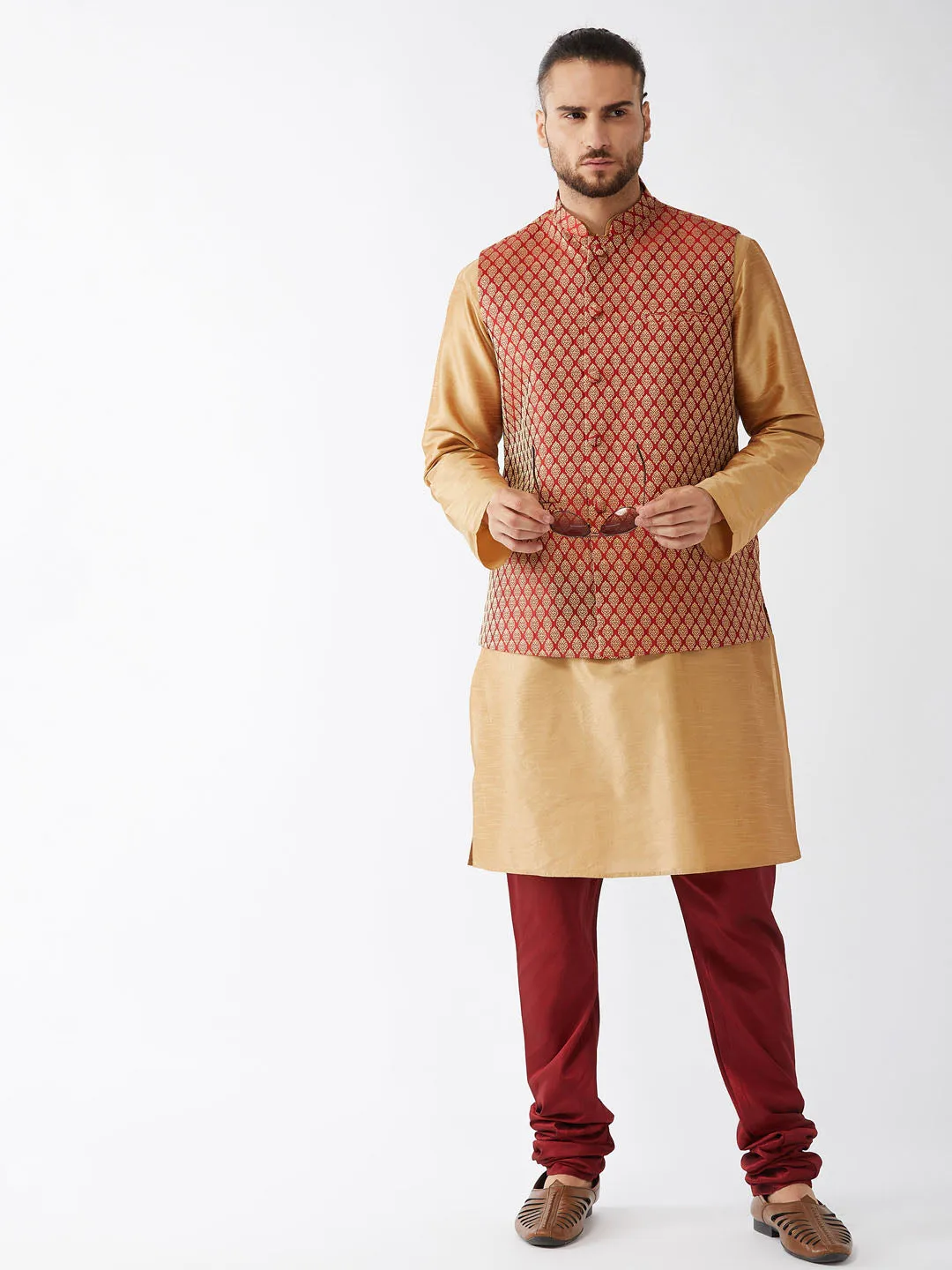 VASTRAMAY Men's Maroon Silk Blend Ethnic Jacket, Rose Gold Kurta and Maroon Pyjama Set