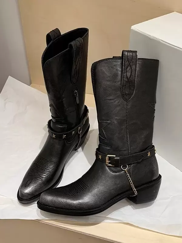 Women's Pointed Toe Chunky Heel Mid Calf Boots with Buckle Detail