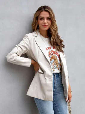 Women's White Faux Leather Blazer Jacket for Spring/Fall