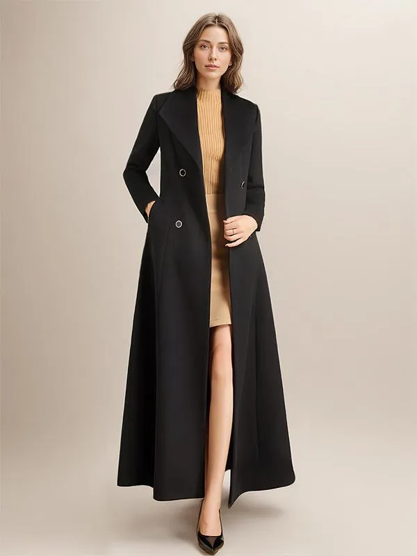 Wool Coat with Lapel, Long Sleeves, Pockets, Belt, and Full Length