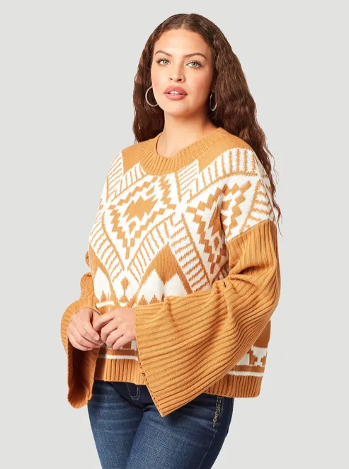 Wrangler Women's Southwestern Bell Sleeve Sweater - Mustard