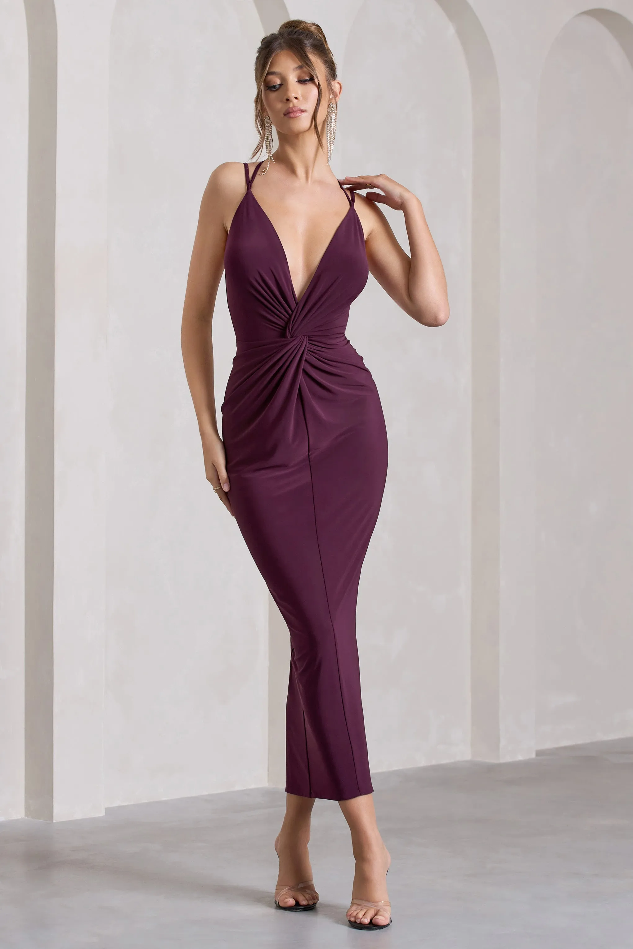 Plum Plunge-Neck Twisted Maxi Dress Yvette With Cross-Back